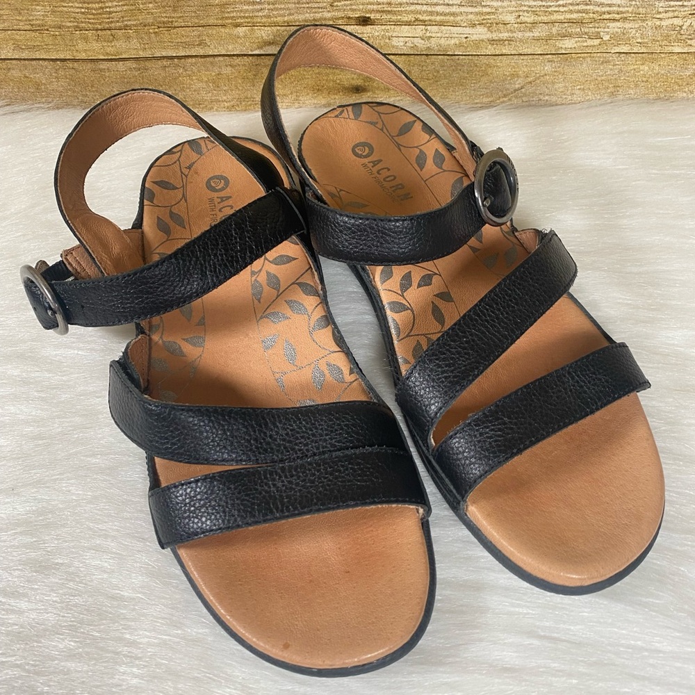 Acorn Sandals Womens 8W Strappy Black Slip On Open Toe Comfort Firmcore